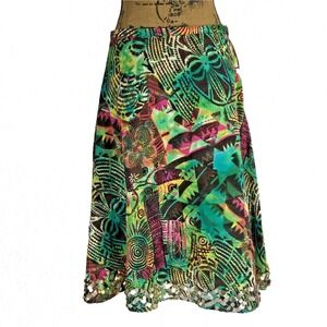 WD NY Skirt 8 Brown Green Yellow Pink Linen Blend Ethnic Sequin Fiesta LN